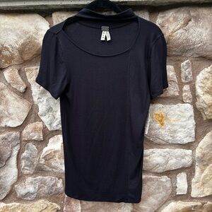 NWT Free People Shirt Solid Black Sz Large Chocker Neck Fitted Ribbed Boho